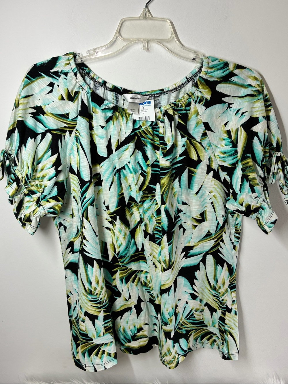 CJ Banks Black Short Sleeve Tee with Teal & Green Leaf Print